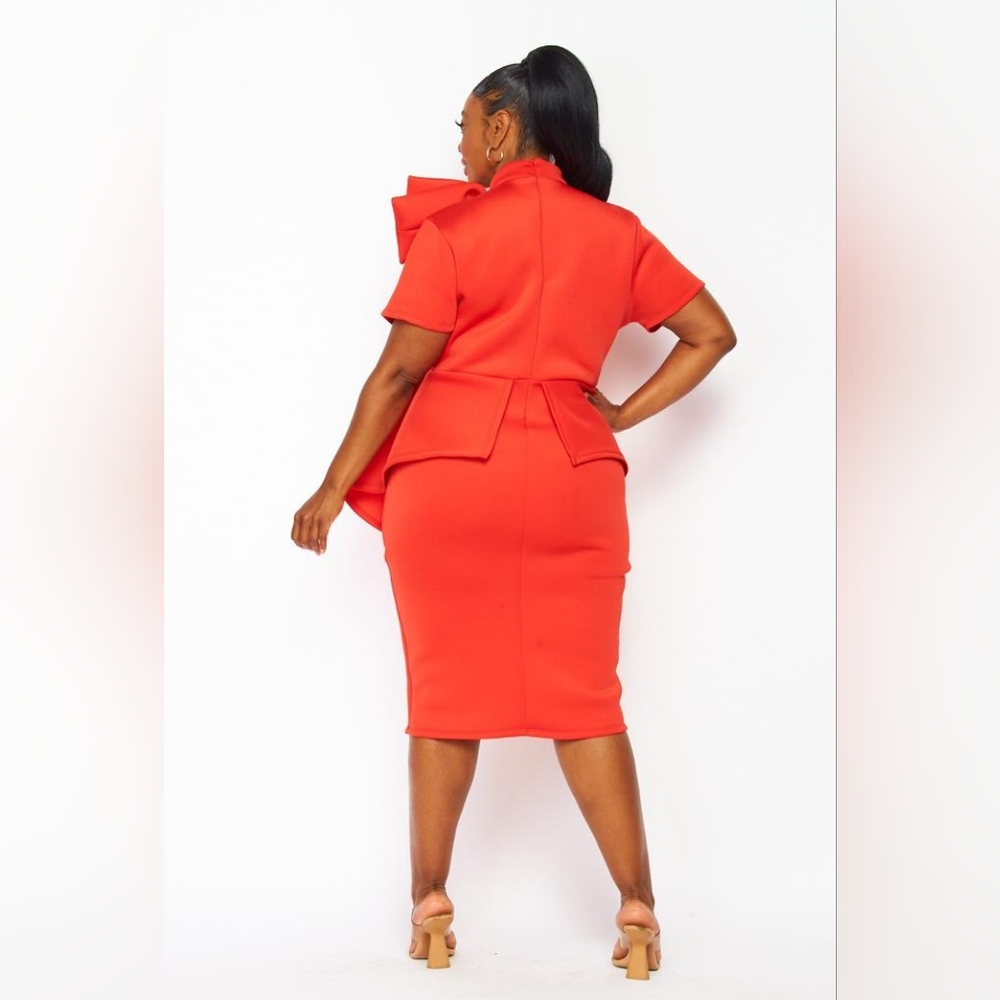 Illord Peplum Red Orange Dress With Bow Accent - Picture 2 of 2